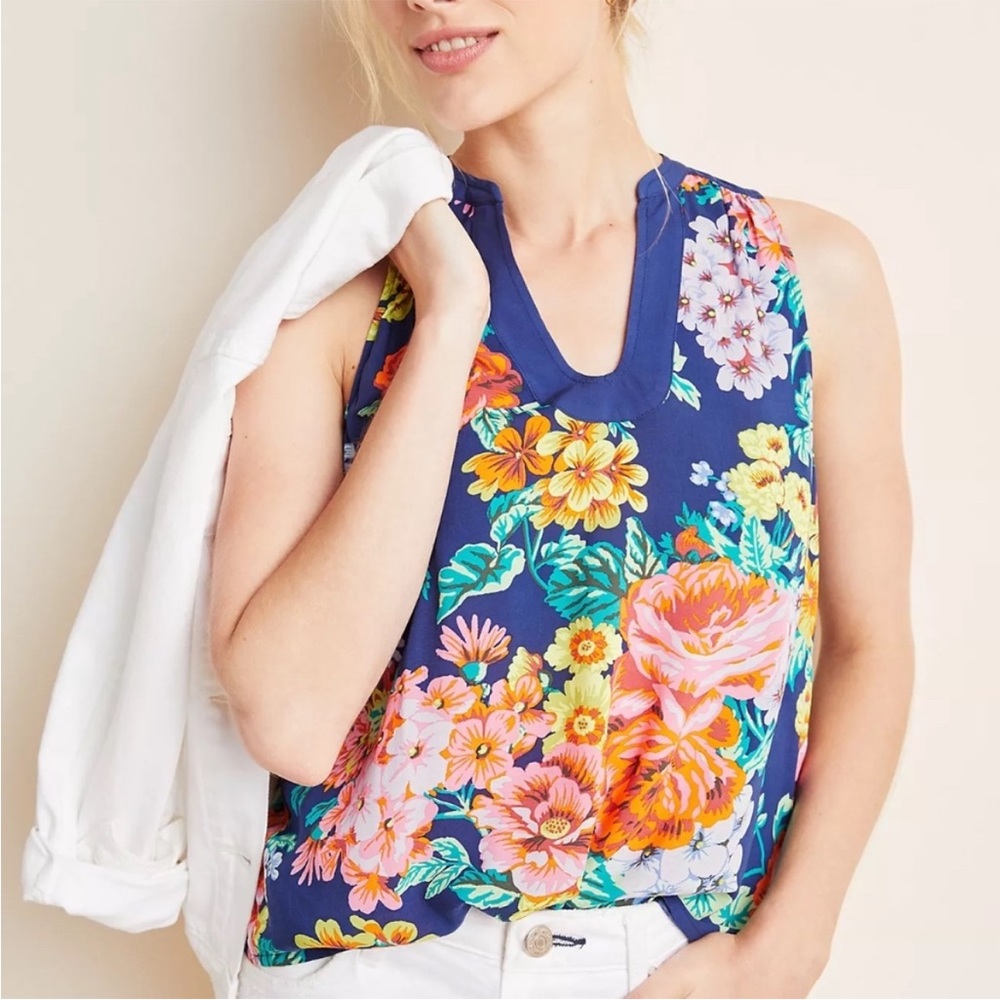 Maeve Melange blue floral sleeveless blouse